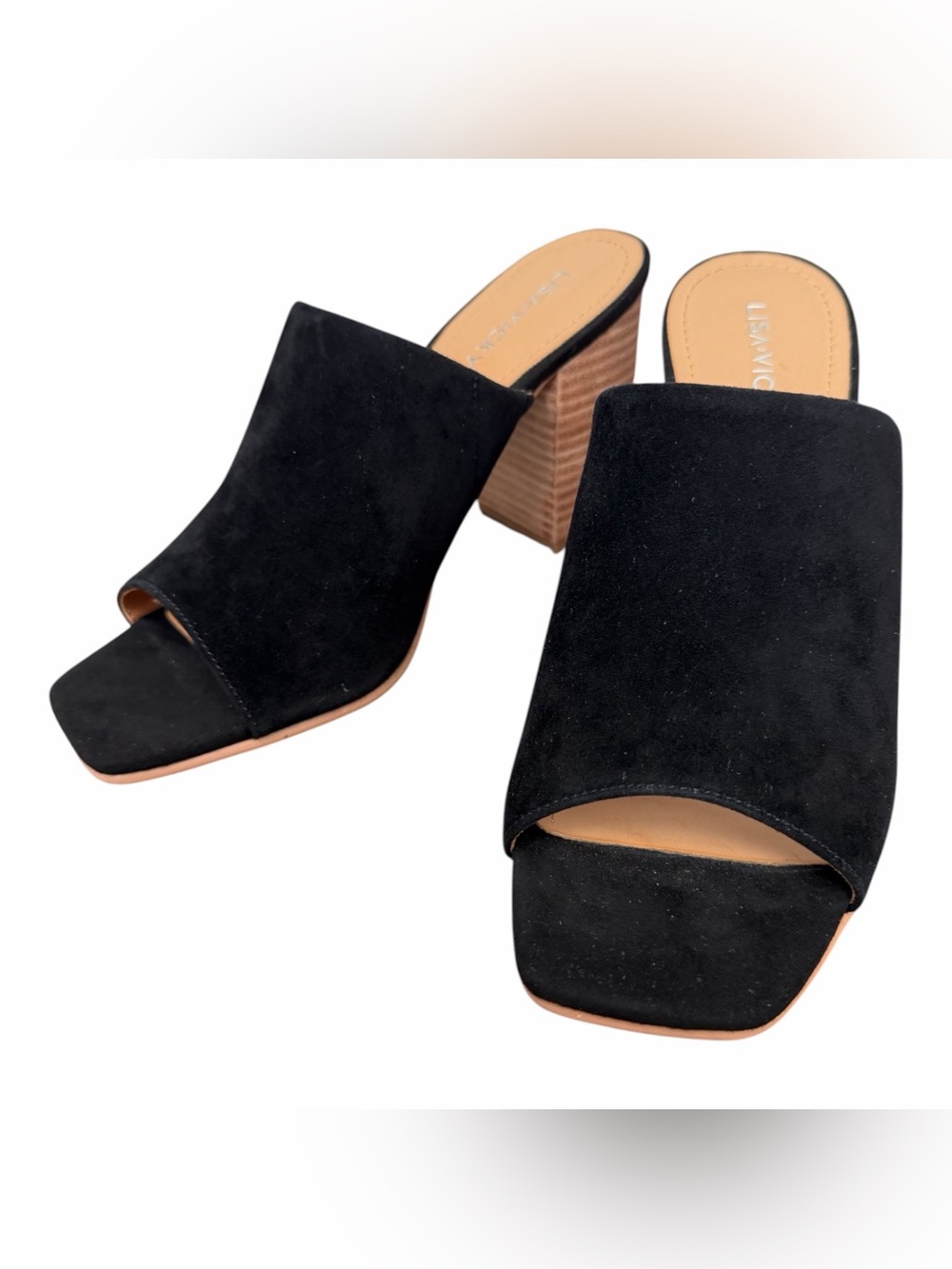 Lisa-Vicky Black Suede Peep-Toe Stacked Block Heel Mules